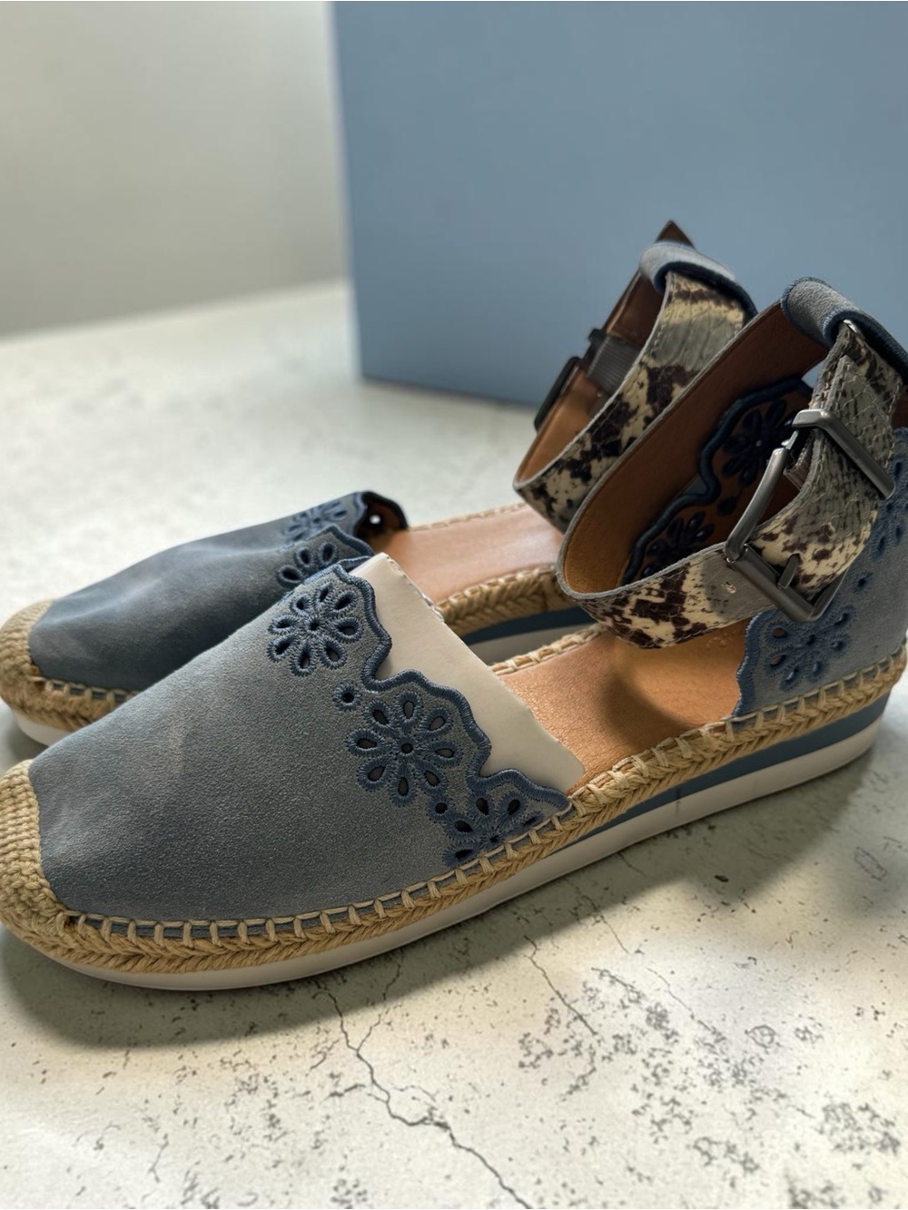 Crown Vintage Blue Denim Espadrille Ankle-Strap Wedges with Cowhide Accent